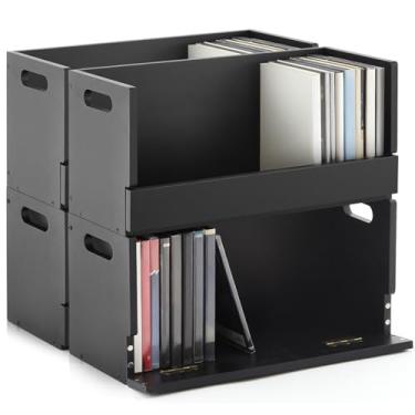 Imagem de CroBlissful Conjunto de 4 caixas de armazenamento de DVD de madeira, suporte de prateleira de armazenamento de DVD, organizador de fita cassete de madeira maciça com alça de transporte para CD, capas