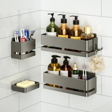 Imagem de YESENT Rack de armazenamento de banheiro (conjunto de 5 peças), prateleira de parede com suporte de saboneteira e escova de dentes, sem necessidade de perfuração, ideal para armazenamento de banheiro