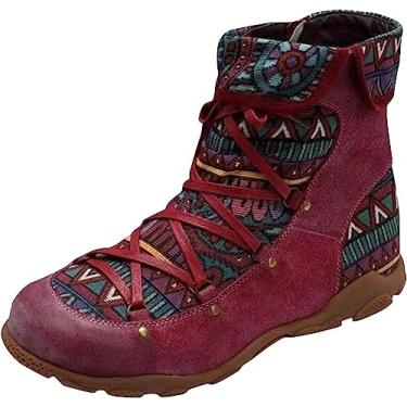 Imagem de Botas femininas ocidentais, botas femininas de salto baixo com cadarço e cano baixo, botas de cano baixo, botas de cano curto para neve, Vinho, 39 BR