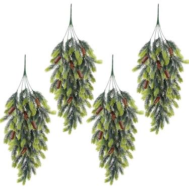 Imagem de NAHUAA 4 peças de agulhas artificiais de pinheiro de Natal para porta da frente com pinha, guirlanda de gota de vegetação de Norfolk de Natal para mesa de porta, manto, lareira, interior, exterior