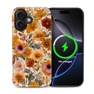 Imagem de ZHEGAILIAN Capa magnética para iPhone 16, compatível com capa rígida MagSafe + silicone macio 2 em 1 híbrido à prova de choque capa protetora contra quedas floral sonho flores silvestres bordado