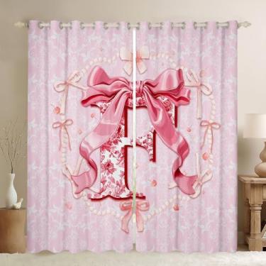 Imagem de Erosebridal Cortinas 3D letra F 132 x 160 cm com laço coquete rosa 30%-50% cortinas blackout para mãe/filha, laço estético, tratamentos de janela, decoração floral com monograma floral (F)