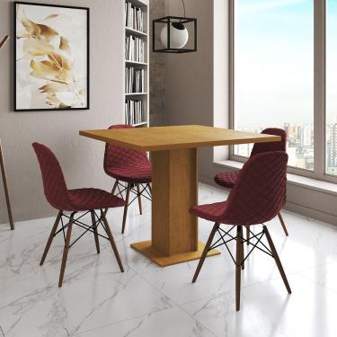 Imagem de Mesa Jantar Londres Quadrada Canela 90Cm 4 Cadeiras Eames Estofadas Vermelho Madeira