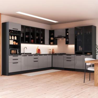 Imagem de Cozinha Modulada Completa Fidelitá Mônaco 14 Peças Com Rodapé 659cm 23 Portas 6 Gavetas Sem Tampo Chumbo/titânio