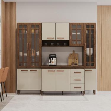 Imagem de Cozinha Modulada Compacta Fidelitá Lisboa 4 Peças 225cm 11 Portas 3 Gavetas Com Tampo Noce/off-white