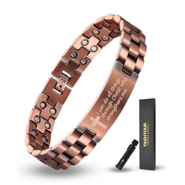 Imagem de Fashtour Pulseira de cobre masculina - Pulseira magnética ultra forte com cruz masculina - joia ajustável com ferramenta de dimensionamento (cobre e Philip 4:13)