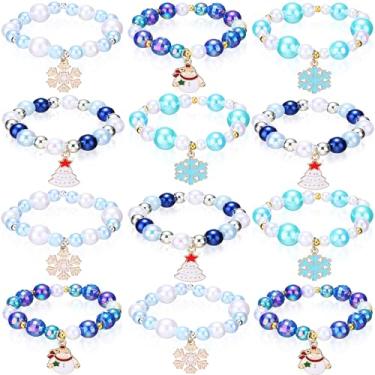 Imagem de Tondiamo 12 pulseiras de Natal com contas de presente de argila de polímero elásticas de Natal pingentes de floco de neve ajustáveis joias de amizade presentes para mulheres, meninas, lembrancinhas de