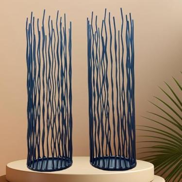 Imagem de Conjunto de 2, suporte de vela de ferro preto minimalista de alta 11,8 polegadas, gaiola interna e externa, suporte de castiçal de arame preto, pilar cilíndrico, suporte de vela para casamento, mesa