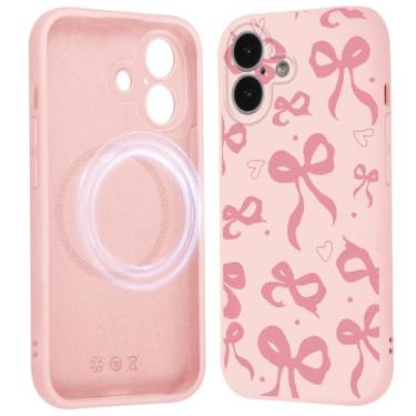 Imagem de Vulfwela Capa de telefone fofa com laço de coração coquete para iPhone 16 capa magnética de 6,1 polegadas, compatível com Magsafe, capa de padrão de laço de fita estética proteção de silicone líquido