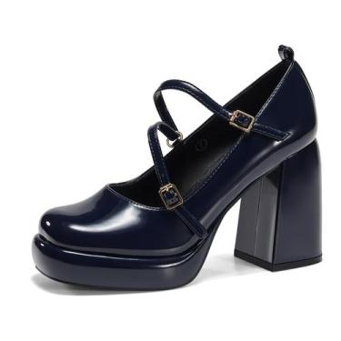 Imagem de Saltos plataforma Coutgo femininos Mary Jane Chunky Heel Navy 37