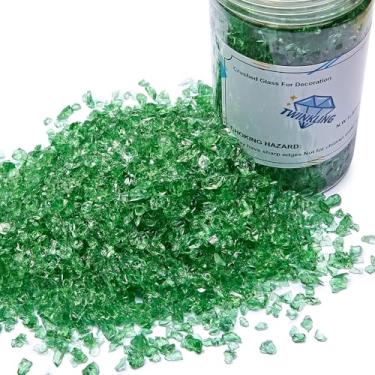Imagem de TWINKLING Pedras de vidro de fogo de alto brilho, vidro quebrado, pedras de vidro triturado para fogueira, artesanato em resina, decoração de jardim de aquário, 9-12 mm (verde claro)