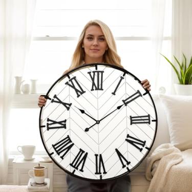 Imagem de EMAX HOME Relógio de parede grande de madeira de 76 cm – Relógio de parede de fazenda extragrande com algarismos romanos 3D, relógio moderno branco redondo de madeira e metal para sala de estar