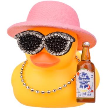 Imagem de MuMyer Ornamento de carro de pato de borracha, acessórios de painel de decoração de carro de pato amarelo engraçado com colar de cartola e adereço exclusivo (6,9 cm)