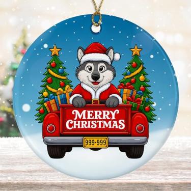 Imagem de DamienBrightGift Enfeite de Natal de Papai Noel Lobo - Caminhão Vermelho de Cerâmica com Decoração de Árvore - Presente de Lembrança de Feriado Bonito Animal da Floresta - Decoração de Natal para 2025