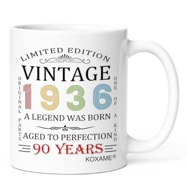 Imagem de KOXAME Presentes de aniversário de 90 anos para mulheres e homens, caneca de café vintage 1936 325 ml, presente de aniversário de 1936 para mãe, pai, marido, esposa, papai, avó, amigo, nascido em 1936