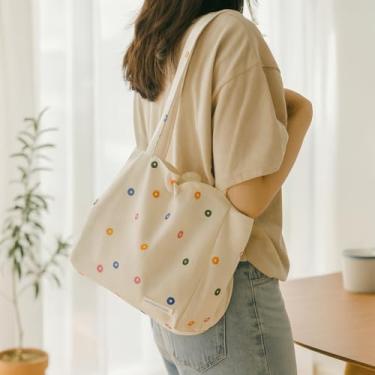 Imagem de Bolsa tiracolo de lona de bolinhas – Bolsa de ombro casual de grande capacidade para mulheres com fecho de zíper, Branco, Medium, Mochila casual