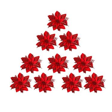 Imagem de Dzrige 10 peças de flores de Natal de 14 cm, poinsétia vermelha, flores de Natal artificiais com purpurina, flores vermelhas de Natal para decoração de árvore de Natal, ano novo, guirlanda de festa de