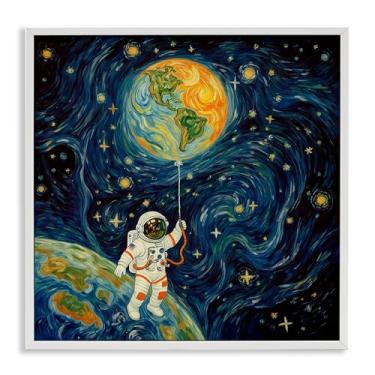 Imagem de Stupell Industries Arte giclée emoldurada Astronauta com balão de terra cinza, design por Angie Hawke, 17 x 17