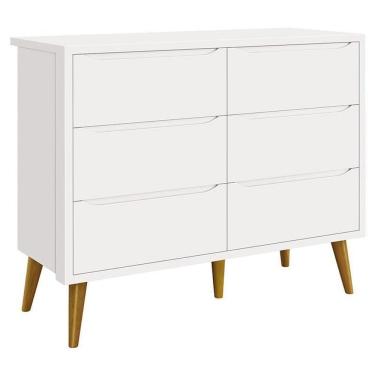 Imagem de Cômoda Infantil 6 Gavetas Retrô Theo Branco Acetinado Com Pés Madeira ? Reller