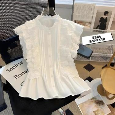 Imagem de Blusa Feminina Branca Vintage Sem Mangas - Com Babados, Renda e Estilo