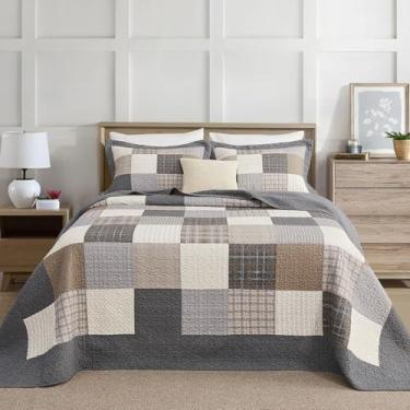 Imagem de Quilta Conjunto de colcha 100% algodão California King Size – colcha rústica xadrez xadrez de fazenda 304,8 x 304,8 cm - edredom leve e macio para quatro estações, 3 peças com 2 fronhas, cinza/bege