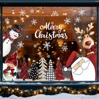Imagem de Whaline Adesivos de janela de Natal adesivos de janela dupla face Papai Noel boneco de neve gnomo rena árvore de natal decalques de vidro grandes para decoração de festa de inverno, casa, sala de aula