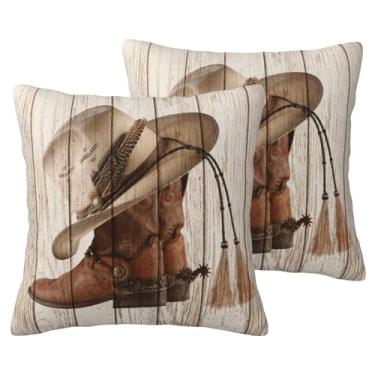 Imagem de VIREOTHIA Capas de almofada de botas de cowboy ocidentais 50 x 50 conjunto de 2 capas de almofada decorativas de madeira quadradas de madeira para sofá-cama decoração de sofá