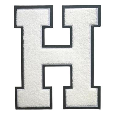 Imagem de 1 Patch de letra de chenille de ferro branco de 16,5 cm com borda preta – Remendos do alfabeto para roupas, jaquetas, mochilas, chapéus para decoração personalizada, nome personalizado e artesanato