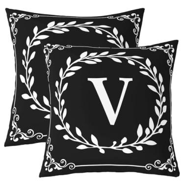 Imagem de Capas de almofada com letra inicial V, preto e branco, 45,7 x 45,7 cm, conjunto de 2 capas de almofada com folhas florais boêmias, fronhas quadradas, presentes personalizados para mulheres e homens