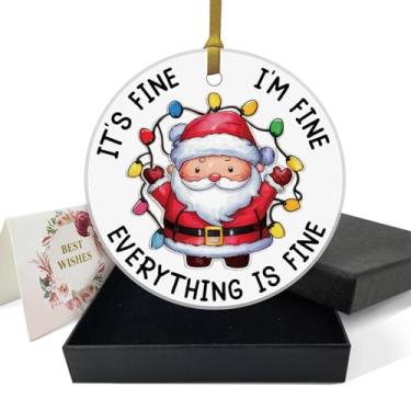 Imagem de REWIDPARTY Enfeites de Natal fofos de Papai Noel - It's Fine I'm Fine - Enfeite de cerâmica redondo de 7,6 cm com fita dourada, caixa de presente - decoração de árvore de Natal - Presentes de
