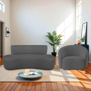 Imagem de Kit Recamier Curvo Amsterdã 120cm E Poltrona Amore Luxo Linho Cor Cinza Escuro
