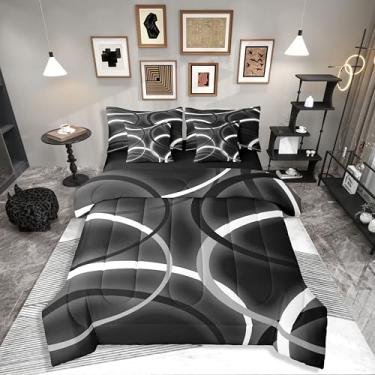 Imagem de Erosebridal Conjunto de edredom geométrico com círculo, preto, branco, cinza, tamanho queen, 7 peças, redemoinhos abstratos, estilo retrô, listras, estética, para crianças, meninos e adultos