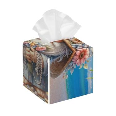 Imagem de Capa quadrada de couro para caixa de lenços de papel, impermeável, gnomo, praia, verão, organizador de papel facial com cinto inferior, estojo de lenços para mesa, banheiro, escritório, mesa, carro