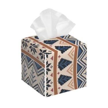 Imagem de Porta-lenços de papel quadrado de couro à prova d'água asteca boêmio ocidental organizador de papel facial com cinto inferior cubo estojo de lenços para mesa, banheiro, escritório, mesa, carro