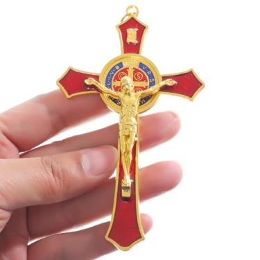 Imagem de KOMI Crucifixo de metal crucifixo pequeno de São Bento para decoração de parede de casa 12 x 7 cm vermelho esmalte Jesus Cristo cruz San Benito proteção presentes de fé católica
