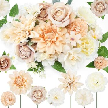 Imagem de Janinka 100 cabeças de flores falsas sortidas com haste longa, mini flor artificial a granel, margarida sintética de seda para artesanato, rosa peônia falsa para decoração de casa (champanhe)