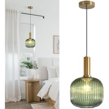 Imagem de Lustre de vidro para ilha de cozinha, estilo vintage, dourado, com altura ajustável, moderno e requintado, com cúpula de vidro verde. Luminária decorativa ideal para cabeceira, sala de estar