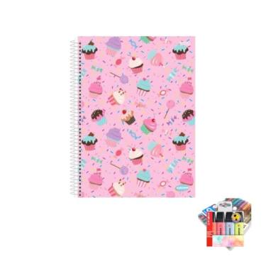 Imagem de Kit Caderno Feminino KBOM 10 Matérias + Caneta Trigel Metálica 10 Cores + Marca Texto Boss 4 Cores