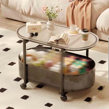 Imagem de Yadlan Mesa de centro removível com rodas bloqueáveis, mesa de assentamento de camada dupla de armazenamento de grande capacidade, mesa lateral superior de vidro para sala de estar, varanda ou