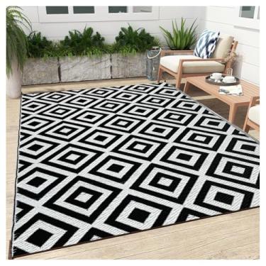 Imagem de SPXMQSS Tapete grande ao ar livre, tapetes de plástico dobrável para jardim, tapete reversível de fácil limpeza para acampamento, deck, praia, piquenique, preto e branco 150 x 240 cm