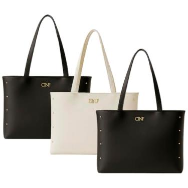 Imagem de Bolsa Feminina Sacola Grande Kit Com 3 Peças Universitária De Ombro (Preta-Marfim-Preta)