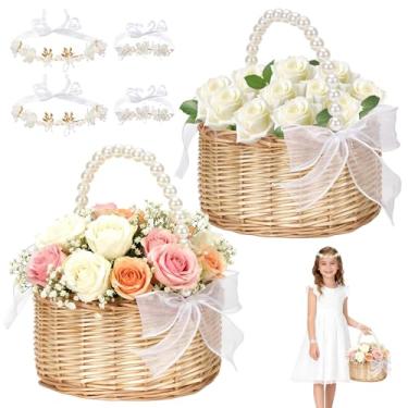 Imagem de Conjunto de 2 cestas de florista com acessório de cabeça, cestas de menina de Páscoa, cesta de alça de pérola tecida à mão de salgueiro e laço, acessório de cabelo de menina de flor com tiara de