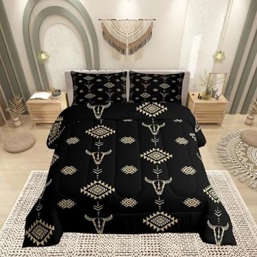 Imagem de Castle Fairy Conjunto de edredom de caveira de vaca tamanho king, boêmio asteca, tribal, geometria exótica, decoração de quarto de adultos, caubói ocidental, preto, ouro, microfibra ultramacia