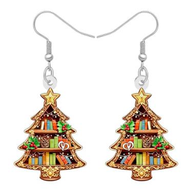 Imagem de DUOWEI Linda estante de árvore de Natal para professores, brincos de Natal, presentes para amantes de livros, mulheres, leitoras, joias de apreciação de inverno, presentes femininos para acessórios de