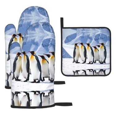 Imagem de Pinguins no iceberg - Conjunto de cozinha essencial com 3 peças, luvas seguras para calor e aderência de tampa, proteção para churrasco no forno, design de armazenamento suspenso.