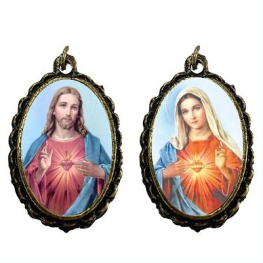 Imagem de Medalha Dupla Face Ouro Velho Sagrado Coração Jesus e Maria - SJO Arti