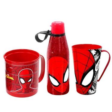 Imagem de Kit Infantil do Homem Aranha Garrafa Caneca Divertida e Copo com Alça 