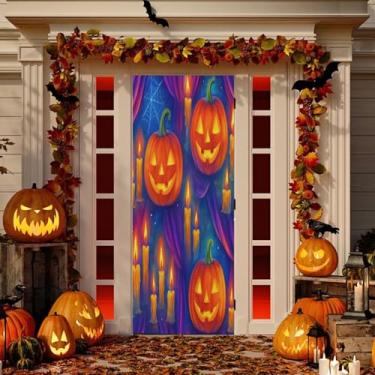 Imagem de Wassud Decoração de capa de porta de Halloween banner interno externo varanda decoração de casa grande porta da frente decoração de festa 89 x 199 centímetros