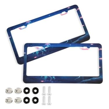 Imagem de Wassud Linda moldura de placa de licença de água-viva com parafusos, 2 pacotes de molduras decorativas de etiqueta de carro de alumínio, acessórios universais de carro para mulheres e homens