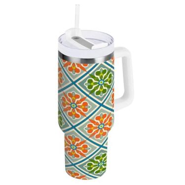 Imagem de Kigai Copo de 1,134 g com alça, lindos padrões florais de cerâmica copos isolados com tampa e canudo, garrafa de água esportiva de metal grande, caneca de café de viagem de aço inoxidável